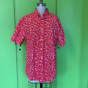 Red with white flowers, men’s short sleeve button front shirt